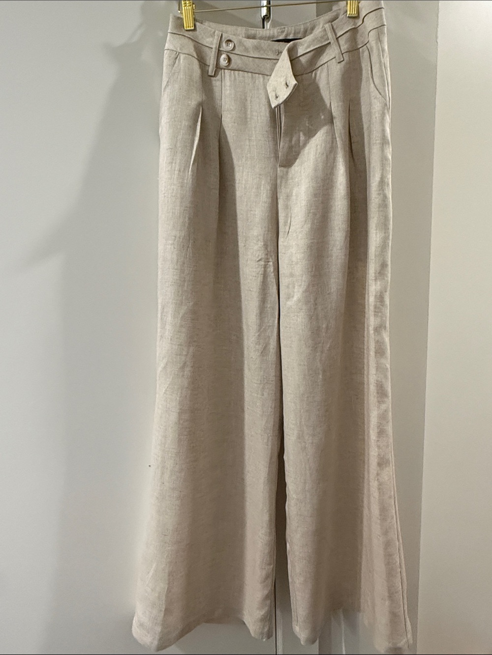 High-Waist Wide Leg Linen Pants - Light Beige